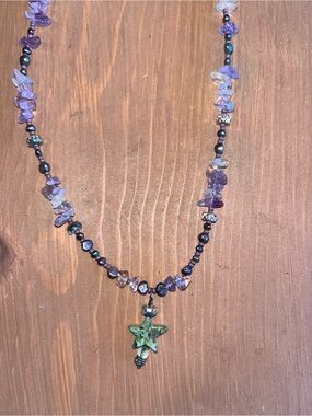 Star ⭐️ necklace hand crafted amethyst quarts pearl boho crystal positive vibe